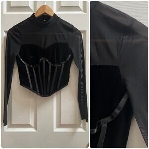 Edgy Vamp Goth Black Mesh Velvet Mock Neck Boned Cropped Corset Top Small Layer